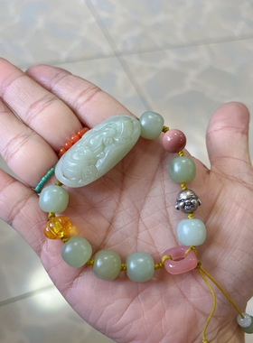 新中式国风原创设计天然和田玉晴水财神手牌珠串蜜蜡老银手串手链