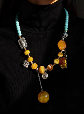 新中式国风原创天然绿松石蜜蜡吊坠项链锁骨链手工编织毛衣链