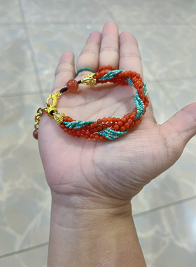 新中式原创设计天然南红玛瑙川料柿子红绿松石小米珠麻花结手链
