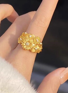 铜镀金繁花拉口戒指可调节大小