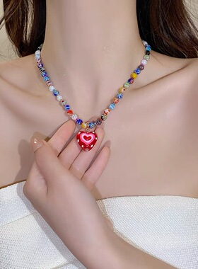 爱心吊坠项链女甜酷串珠锁骨链