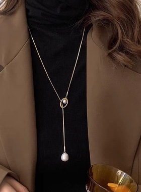 秋冬复古珍珠项链女款长款毛衣链