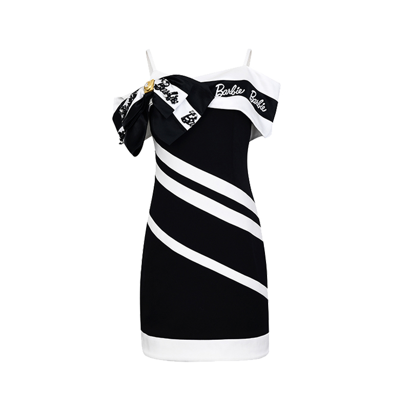 LE FAME/拉飞姆2023年春季新款黑白间色蝴蝶结芭比钉珠飘带连衣裙 - 图3