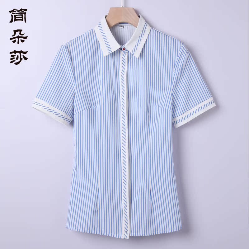 蓝色条纹衬衫女工作服夏季新款薄款正装职业酒店前台衬衣套装工装 - 图3