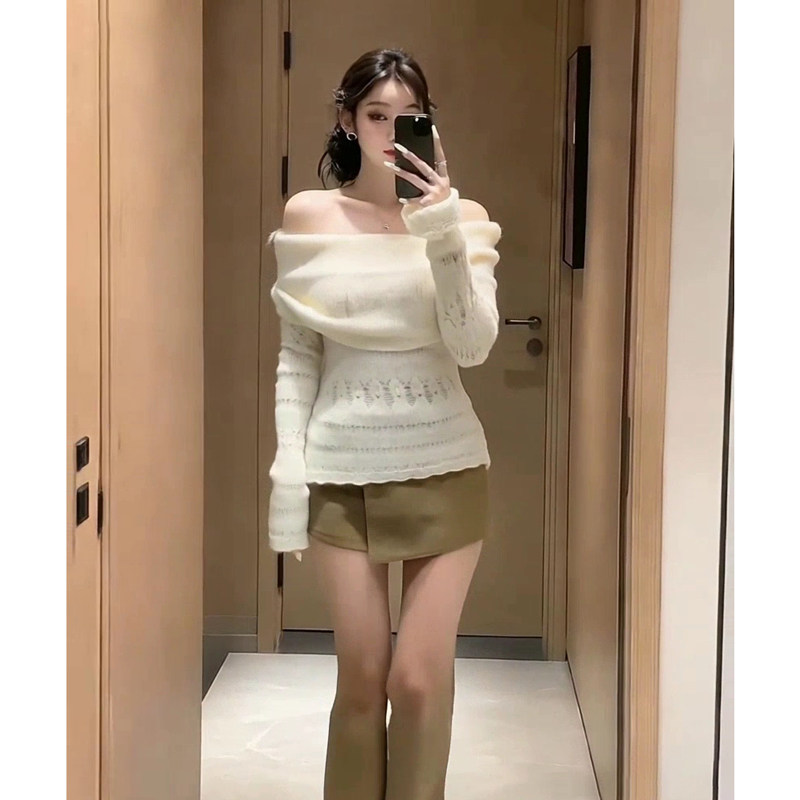 2026春秋新款针织打底衫女一字肩薄款镂空T恤修身性感显瘦长袖,淘宝优惠券,粉丝福利购,淘宝优惠卷