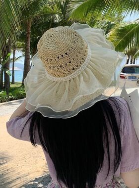 蕾丝草编太阳帽子女大帽檐夏季透气草帽海边遮全脸遮阳防晒帽子潮