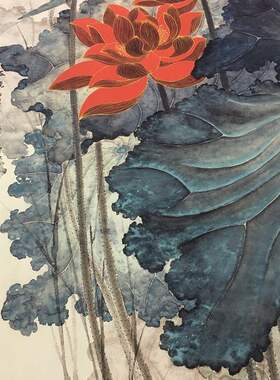 张大千金线红荷花中式花卉字画竖幅挂轴真迹微喷复制中堂国画装饰
