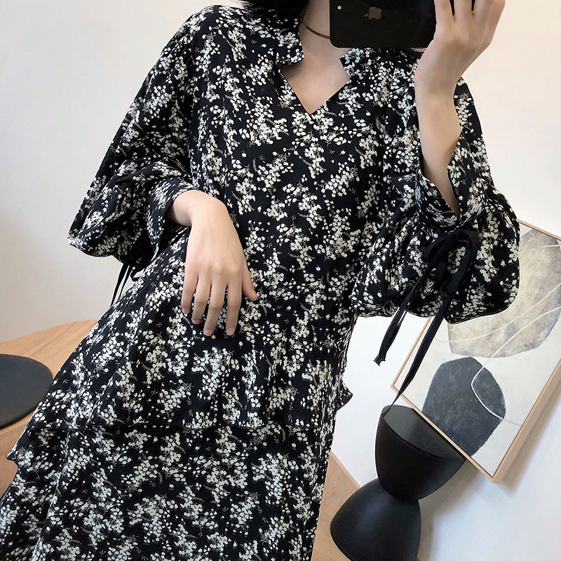 黑色赫本风长袖碎花女长款连衣裙 品秀俪人连衣裙