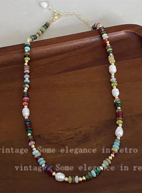 甜美彩色串珠珍珠花朵项链女高级感气质百搭不规则天然石锁骨链