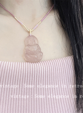 新中式粉色玉髓佛公观音编绳项链女国潮个性玉石水晶锁骨链旗袍坠