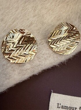 欧美纹理金属圆形耳环女休闲简约通勤轻奢设计高级感耳饰品2026新