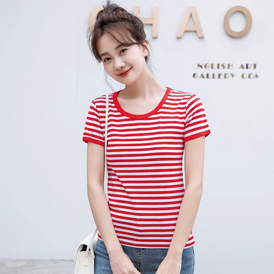 海魂衫女款夏季纯棉蓝色短袖情侣装 蓝白横条纹半袖宽松水手服t恤 - 图2