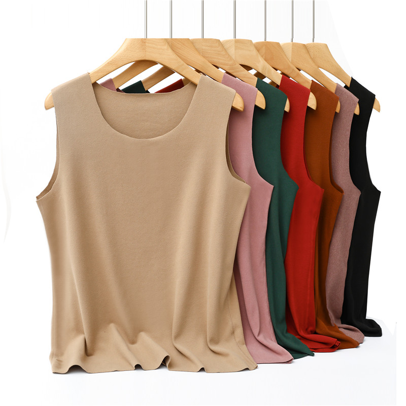 德绒背心女秋冬大码宽松圆领无袖t恤内搭加绒加厚磨毛发热打底衫 - 图2