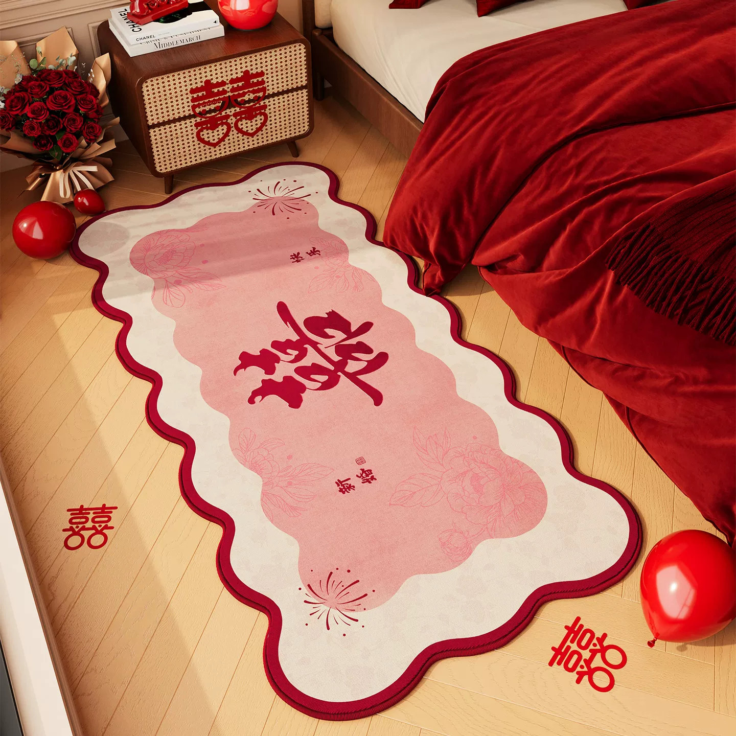 Wedding bedside carpet floor mat wedding room bedroom layout non-slip wedding red festive decoration happy word carpet foot mat