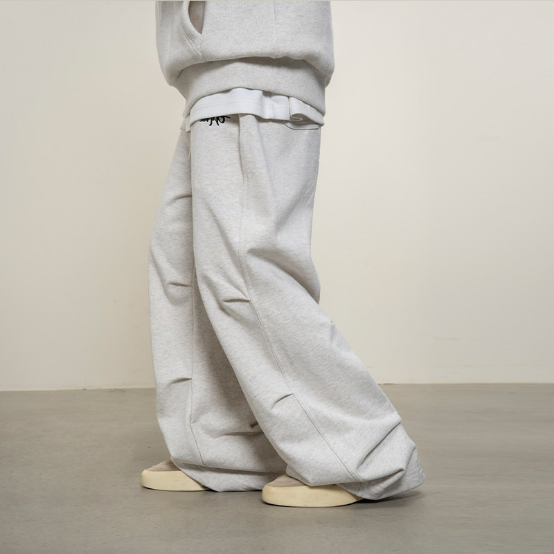 Makemore裤子男‘立体抽褶’纯棉白色宽松直筒格雷系休闲运动卫裤,淘宝优惠券,粉丝福利购,淘宝优惠卷