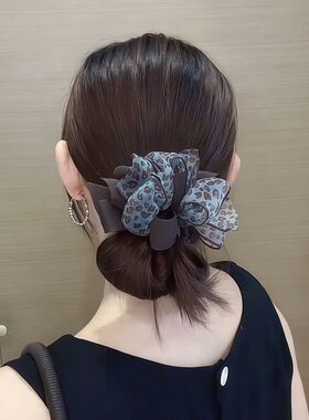 蓝色豹纹网纱蝴蝶结大肠发圈女丸子头头绳扎头发皮筋头花头套头饰