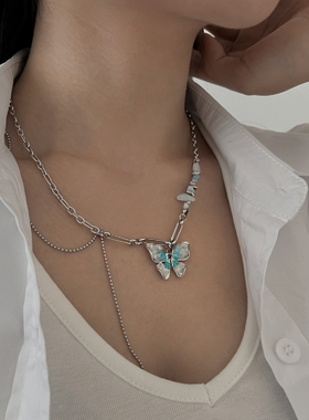 蓝色蝴蝶锆石拼接项链