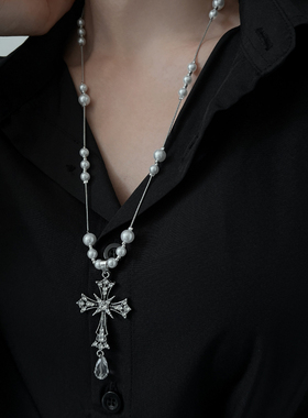 白色珍珠十字架项链女日韩