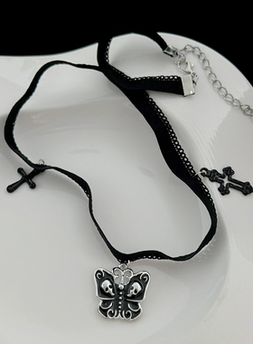 刊赛黑色蕾丝十字架蝴蝶项链亚文化小众暗黑气质choker日韩潮配饰