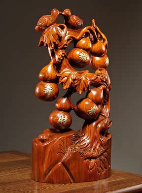 花梨实木雕刻五福临门葫芦摆家居客厅电视柜博古架装饰红木工艺品