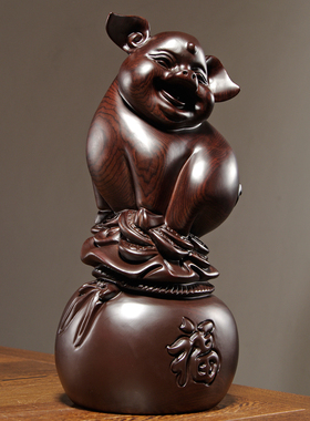 黑檀木雕猪摆件实木质生肖动物猪红木工艺品家居客厅装饰开业送礼