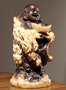 黑檀木雕弥勒佛像摆件实木元宝笑佛家居客厅玄关装饰红木工艺礼品