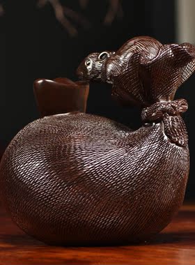 黑檀实木质雕刻十二生肖老鼠钱袋摆件家居客厅办公装饰红木工艺品