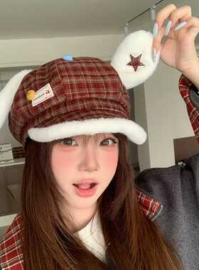 韩版甜美可爱毛绒兔耳朵贝雷帽子女秋冬保暖显脸小百搭格纹八角帽
