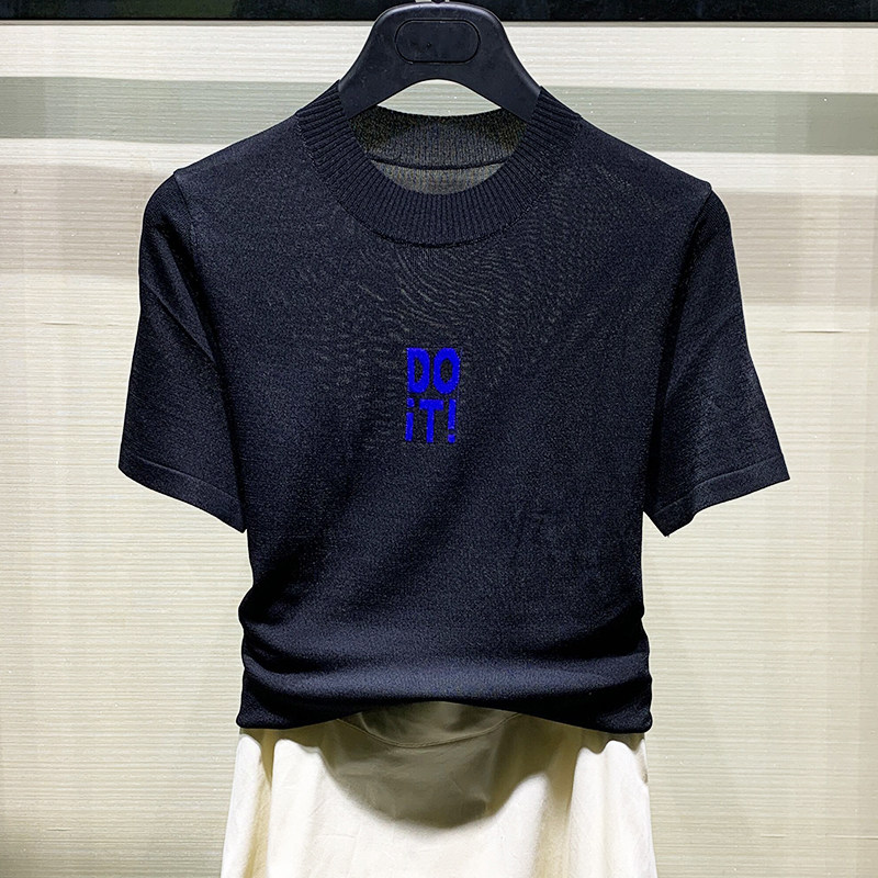 2023年夏季新款字母冰丝针织衫女小腾阿玛施月刺绣短袖t恤5399218