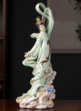 仕女散花家居装饰摆件陶瓷中式