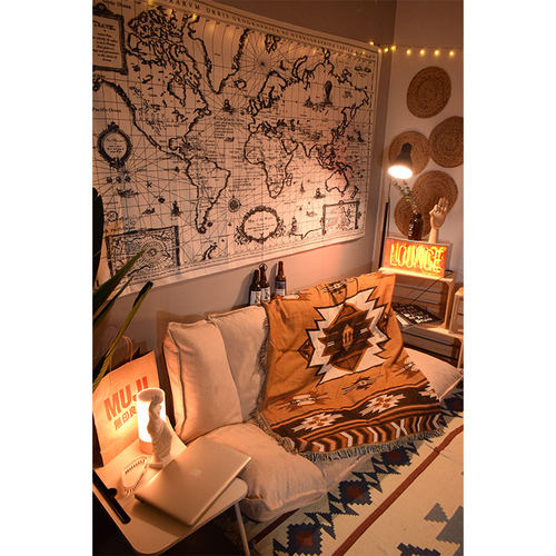 世界地图房间装饰ins风挂布黑白灰网红布置房间背景布租房 - 图0