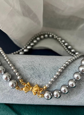 日本gentle motto银灰色贝珠双层叠戴珍珠项链女夏季百搭小众