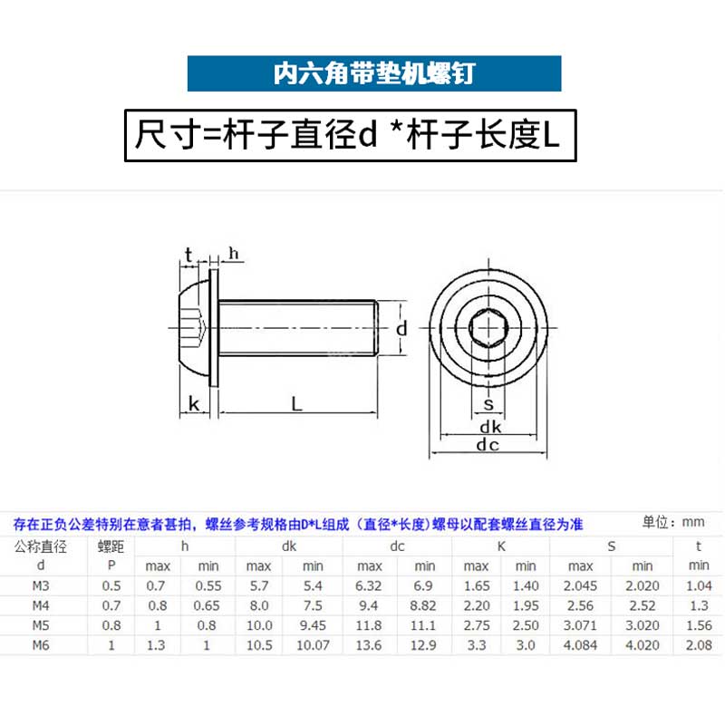 304不锈钢圆头带垫内六角螺丝大头蘑菇头螺丝M2M2.5M3M4M5M6M8M10