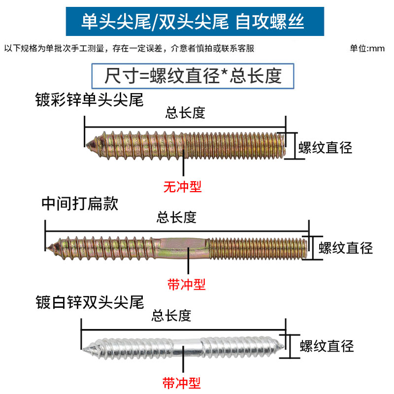 双头牙尖尾螺丝家具沙发楼梯螺杆螺栓双头牙自攻螺丝M4M5M6M8M10-图1