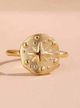 八芒星圆牌凸纹开口戒指钛钢14K镀金女时尚ins风星球复古法式
