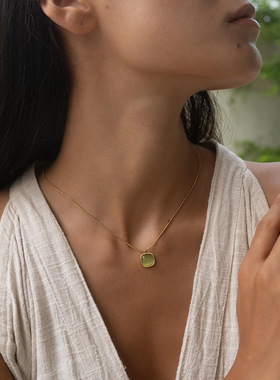 欧美方块猫眼石项链钛钢方形镀18K镀金天然石吊坠ins同款锁骨链