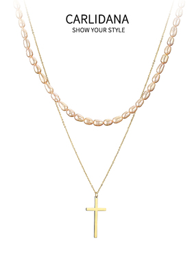 钛钢十字架双层镀金天然淡水珍珠