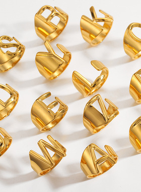 欧美美拉德风26个镂空英文字母戒指钛钢18K镀金开口宽面ins指环