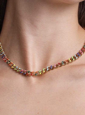 ins风新款烤漆项链女潮流意大利个性彩虹钛钢ipg14K高级锁骨链