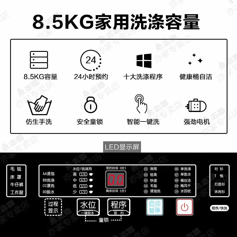 志高8.5公斤大容量全自动洗衣机 志高亦家洗衣机