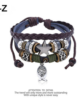 牛皮手工编织手链小鱼儿十字架