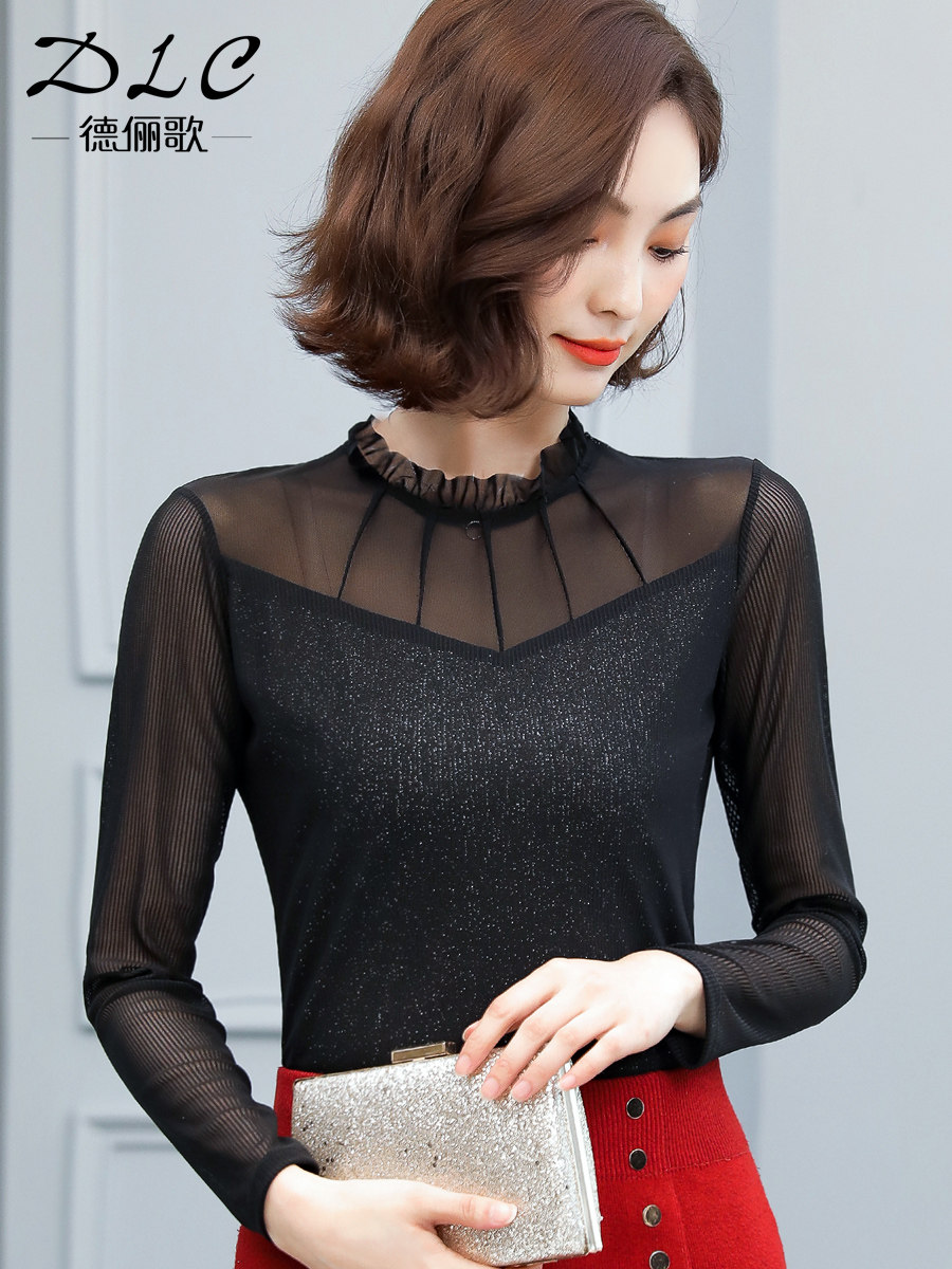蕾丝秋冬2020新款黑色洋气打底衫 德俪歌蕾丝衫/雪纺衫