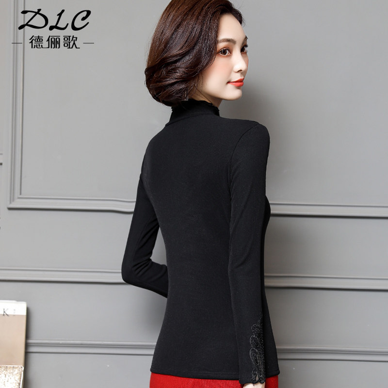 蕾丝秋冬百搭长袖加绒网纱黑色小衫 德俪歌蕾丝衫/雪纺衫