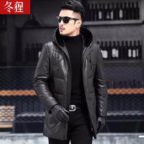 Handsome sheep leather Henning genuine leather down jacket in male cap with long style jacket thickened leather jacket thickened leather jacket