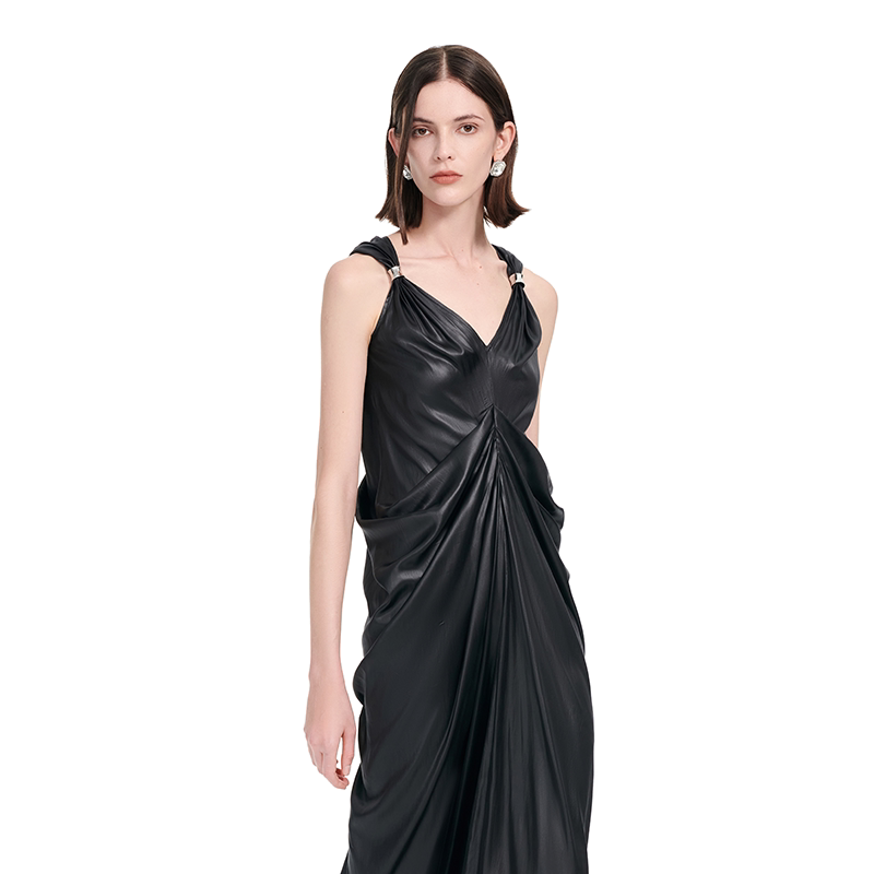 Ring-embellished pleated romantic long dress
