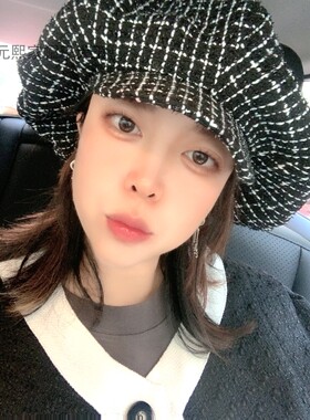 韩国ins原创毛呢复古千鸟格秋冬季超大夸张八角画家帽报童皮帽檐