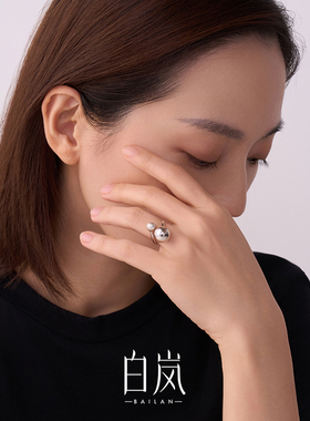 白岚双珠戒指女999银新款小众设计轻奢原创开口戒圈QL3473-BK