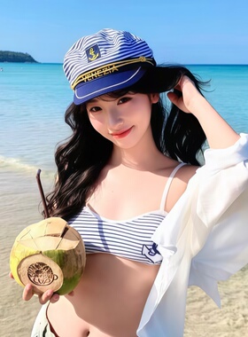 复古海军蓝条纹夏季水手帽女