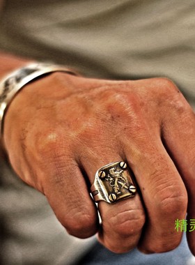 新品男款银铜复古厚重款戒指双层