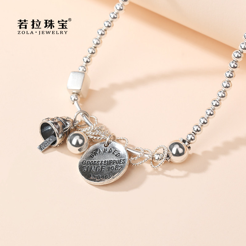 若拉招财猫银手链女纯银小圆珠手串 若拉珠宝手链